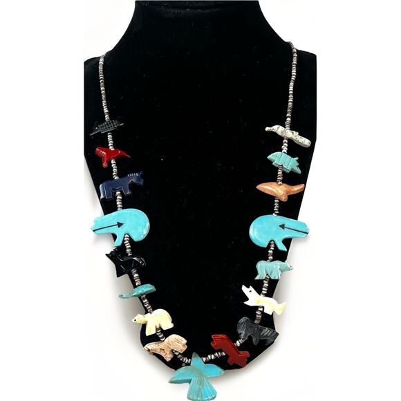 Zuni Native American Fetish Necklace Multi-Stone Animal Heishi Thunderbird Bear